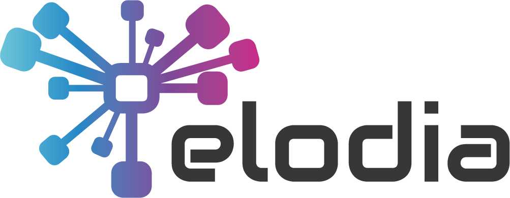 Logotype couleur Elodia évoquant un réseau de neurones stylisé et typographie futuriste.