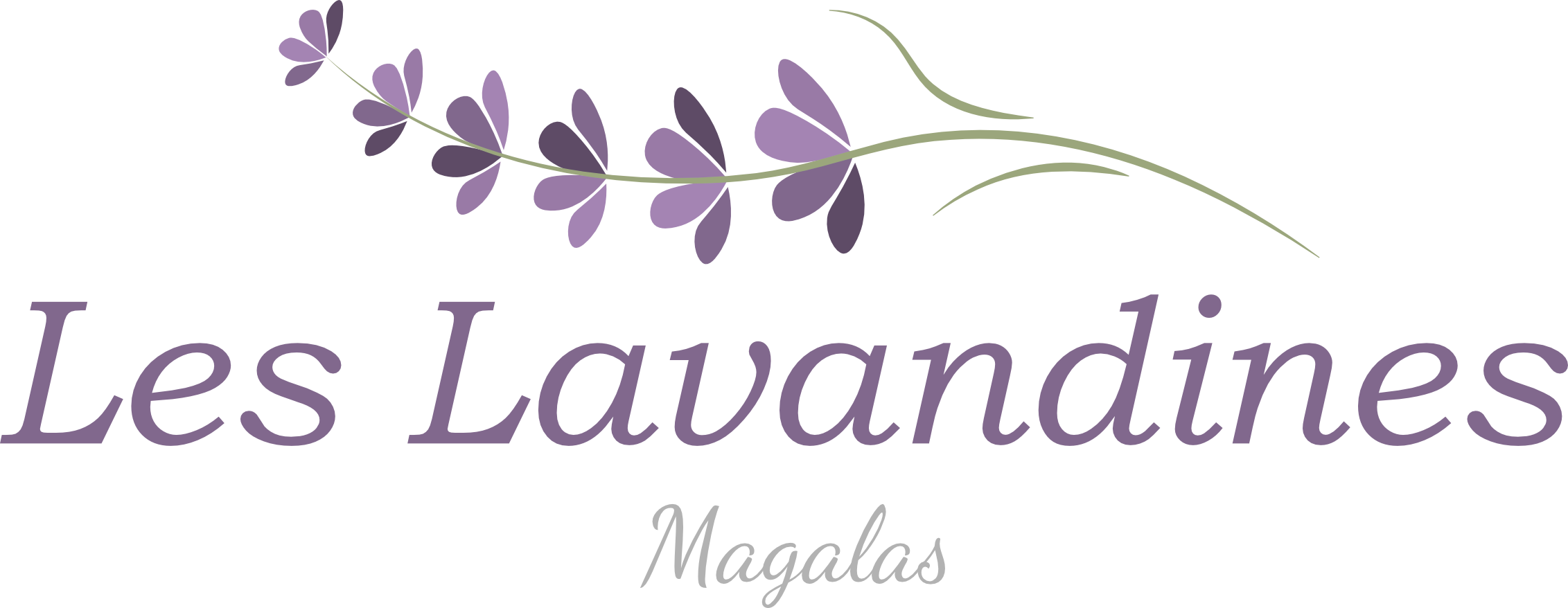 Logotype couleur Les Lavandines : un brin de lavande stylisé à l'horizontale sur une typographie à empattement.
